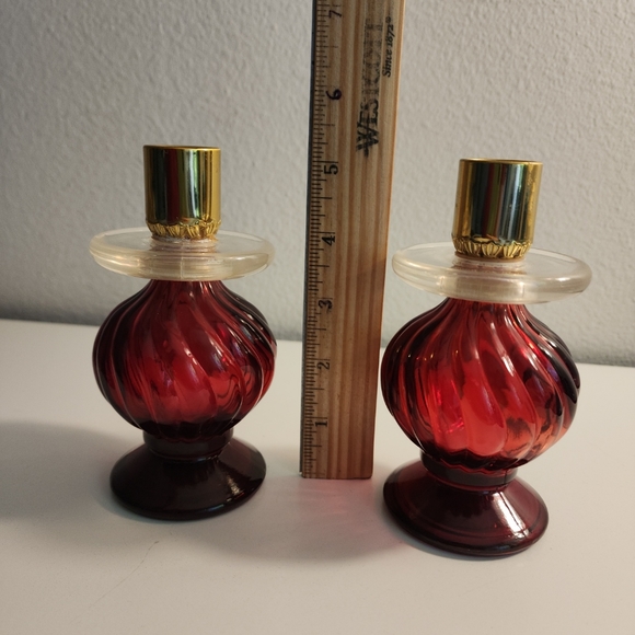 Set Of 2 Avon Candlestick Bird of Paradise EMPTY Cologne Ruby Red Bottles - Picture 9 of 10